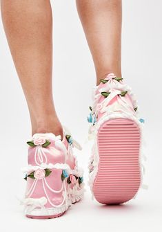 save me a slice! These platform sneakers are designed to look like a delicious cake and have a satin construction, decorative trim, bows, and roses, front lace up closures, and treaded soles. Pink Platform Sneakers With Laces For Spring, Pink Lace-up Platform Sneakers For Spring, Party Platform Low-top Sneakers, Pink High-top Sneakers For Party, Spring Party Platform Sneakers, Sassy Outfit, Sneakers Pink, Sugar Thrillz, Clothing Cute