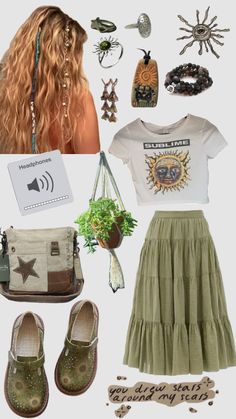 HIPPY FITT! 🌞 #hippy #nature #outfitinspo #green #brown #sublime #yzzy Nature Boho Aesthetic, Romani Outfit Aesthetic, Soft Hippie Outfits, Hippies Outfit, Basic Hippie Outfits, Nature Style Clothing, Fitted Green Hippie Dresses, Nature Clothes Aesthetic, Green Brown Outfit