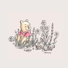 a drawing of a teddy bear sitting in the grass with flowers and rocks around it