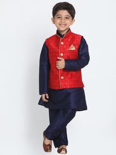 Vastramay Boys Maroon Silk Blend Nehru Jacket With Navy Blue Kurta And Pyjama Set Blue Straight Kurta Bandhgala For Navratri, Bollywood Style Nehru Jacket For Festive Occasions, Festive Long Sleeve Winter Sets, Festive Nehru Jacket For Navratri, Fitted Sets For Festive Winter Occasions, Festive Nehru Jacket Straight Kurta For Diwali, Blue Nehru Jacket With Pallu For Eid, Blue Nehru Jacket With Zari Work For Festive, Festive Bollywood Nehru Jacket With Long Sleeves