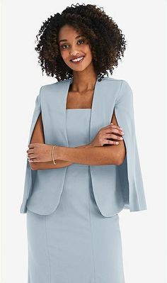 Open-front Split Sleeve Cape Jacket In Mist | The Dessy Group Elegant Evening Capelet With Cape Sleeves, Elegant Evening Capelet, Chic Fitted Capelet For Formal Occasions, Elegant Fitted Capelet, Elegant Fitted Capelet For Formal Occasions, Elegant Fitted Capelet For Evening, Elegant Fitted Wedding Cape, Elegant Fitted Open Front Shrug, Elegant Fitted Outerwear With Cape Sleeves