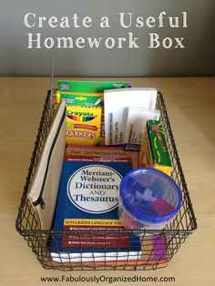 a metal basket filled with books and other items