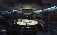 the interior of a sci - fi space station with two people sitting at a table