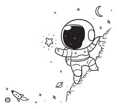 an astronaut floating in space with stars and planets around