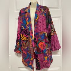 Beautiful Shepherds Pura Seta Silk Jacket Blazer Floral Size Medium Brand New Missing Tag So Beautiful Multicolor Long Sleeve Outerwear For Spring, Pink Patchwork Cardigan For Spring, Fitted Multicolor Blazer With Pockets, Spring Multicolor Patchwork Blazer, Bohemian Multicolor Outerwear With Pockets, Long Sleeve Pink Floral Print Cardigan, Pink Floral Print Long Sleeve Cardigan, Colorful Bohemian Outerwear For Spring, Pink Long Sleeve Floral Print Cardigan