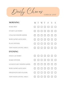 the daily chores checklist is shown in pink and white, with an orange border