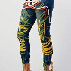 All Over Lace Up Multicolored Jeans Bohemian Multicolor Straight Leg Jeans, Multicolor Patched Cotton Jeans, Multicolor Lace-up Sneakers For Jogging, Multicolor Distressed Denim Jeans, Spring Denim Jeans With Graffiti Print, Floral Jeans, Pink Jeans, Grey Jeans, Dark Wash Jeans