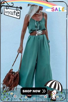 Green Solid Color Spaghetti Straps Wide Leg Jumpsuit Green Solid Color, Wide Leg Jumpsuit, Jumpsuit Romper, Spaghetti Strap, Spaghetti, Wide Leg, Jumpsuit, Rompers, Solid Color