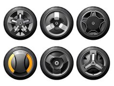 six different types of black and yellow wheels