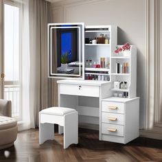 a white desk with a mirror and stool in front of a window on the wall