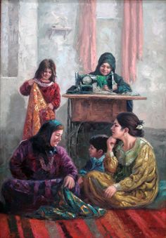 an oil painting of three women sitting on the floor in front of a sewing machine