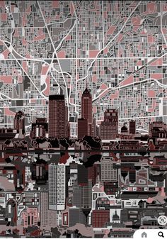 a cityscape is shown in red and gray