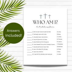 a printable question card with the words who am i? and an image of palm leaves