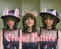 three women wearing hats with bunny ears on their heads and the words crochet pattern above them