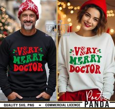 two people wearing ugly christmas sweaters and matching santa hats with the words merry doctor on them