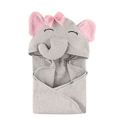 a gray towel with a pink bow on it and an elephant face in the pocket