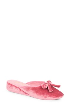 A cushioned wedge puts plenty of padding between you and the ground in this luxe slipper made from velvet. Textile upper, lining and sole Imported | Patricia Green Bow Wedge Slipper Look Rich, Pink Slippers, Velvet Slippers, Comfortable Wedges, Cute Slippers, Aesthetic Shoes, Velvet Bow, Pointed Toe Flats, Dream Shoes