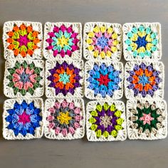 six crocheted squares are arranged in different colors