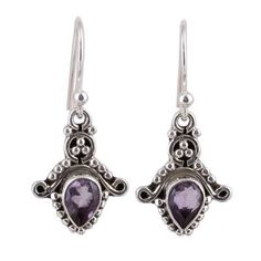 Over one carat of teardrop amethyst stones sparkle with purple hues in this pair of dangle earrings featuring dot motifs handcrafted of sterling silver with a combination of finishes. Parul works with local Indian artisans to present this delightful pair of earrings. Purple Nickel-free Teardrop Dangle Earrings, Sterling Silver Gemstone Teardrop Pendant Earrings, Classic Teardrop Purple Earrings, Purple Gemstone Teardrop Earrings, Purple Amethyst Drop Teardrop Earrings, Purple Amethyst Teardrop Earrings, Purple Dangle Teardrop Earrings Gift, Purple Gemstone Teardrop Dangle Earrings, Purple Sterling Silver Teardrop Dangle Earrings