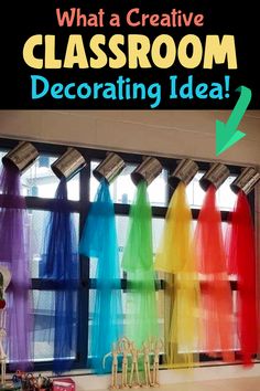 colorful classroom decor with text overlay that reads what a creative classroom decorating idea