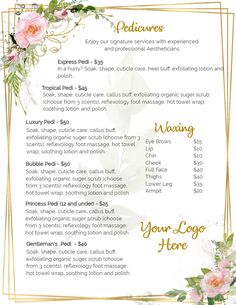 Customizable template to highlight your business and services Salon Services Menu Ideas, Spa Business Plan, Beauty School Cosmetology, Esthetician Business Cards, Nail Salon Prices, Beauty Salon Marketing, Nail Room Ideas, Pedicure Station, Spa Menu