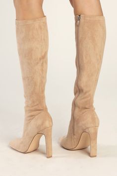 Dress to impress from head to toe with the Lulus Loriah Light Nude Suede Square Toe Knee High Boots! These chic boots have a smooth, faux suede construction that shapes a square toe upper that rises to a 15"" shaft with a 12"" circumference, all atop a sleek blade heel. A 16"" zipper at the instep allows for easy on and off! 4. 25" wrapped blade heel. Cushioned insole. Felted rubber sole has nonskid markings. Man made materials. Imported. Lulus | Loriah Light Nude Suede Square Toe Knee High High Heel Boots | Size 6. Square Toe Knee High Boots, Chic Boots, Lulu Fashion, Suede Boots Knee High, Light Boots, Heel Boots, High Heel Boots, High Boots, Knee High Boots