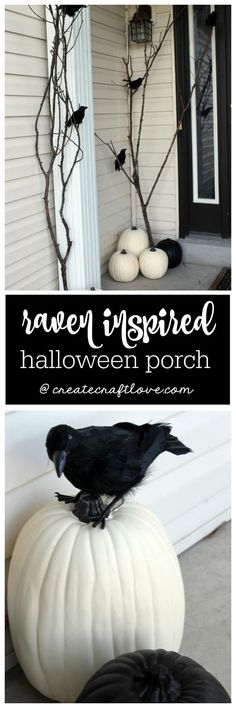 halloween porch decorations with black and white pumpkins