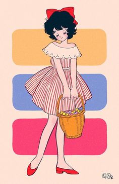 a drawing of a woman in a dress with a basket on her shoulder and red shoes