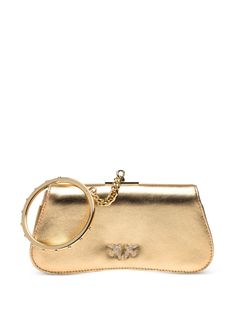 gold-tone sheepskin laminated finish signature Love Birds buckle chain-link detailing foldover top with magnetic fastening single metallic top handle main compartment internal logo patch gold-tone hardware contrast lining Luxury Clutch With Metal Hardware For Parties, Luxury Party Clutch With Metal Hardware, Designer Gold Bag With Gold-tone Logo Plaque, Gold Clutch With Metal Hardware, Designer Gold Clutch With Detachable Handle, Luxury Gold Clutch With Top Handle, Gold Leather Bags With Gold-tone Logo Plaque, Luxury Metallic Bag With Metal Hardware, Designer Gold Clutch With Top Handle