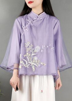 New Purple Stand Collar Embroidered Button Tulle Shirt SpringFabric: TulleSize & Fit: Fit: This garment fits true to size.Length: Size L measures 22.23"from shoulder to hemBust: Great for any cup size. Waist: Loose Fit. Comfortable room throughout midsection.Hip: Loose Fit - room for hips. Hand Wash Cold. Spring Blouse With Stand Collar And Buttons, Long Sleeve Top With Floral Embroidery For Weddings, Long Sleeve Embroidered Top For Spring Wedding, Wedding Long Sleeve Top With Floral Embroidery, Spring Wedding Button-up Blouse, Long Sleeve Embroidered Summer Wedding Top, Summer Wedding Embroidered Long Sleeve Top, Summer Wedding Long Sleeve Embroidered Top, Traditional Spring Blouse With Machine Embroidery