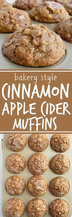 baked cinnamon apple cider muffins on a baking sheet with the title above it