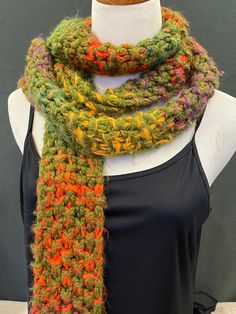 Warm Multicolor Scarves For Fall, Warm Multicolor One-size Scarves, Multicolor Knitted Scarves For Fall, Knitted Multicolor Scarves For Fall, Multicolor Yarn Scarves For Winter, Multicolor Knitted Scarf For Fall, Hand Knitted Multicolor Scarves For Fall, Green Yarn Scarves For Winter, Winter Green Yarn Scarves