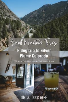 a mountain town is featured in this postcard with the words, sand mountain towns a day trip to silver plume colorado