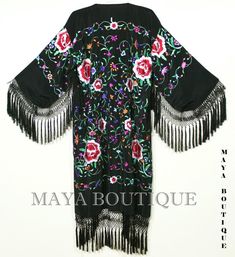 Embroidered Silk Fringe Jacket Flamenco Kimono by BoutiqueMaya Black Outerwear With Kimono Sleeves For Spring, Spring Long Sleeve Fringed Kimono, Spring Fringe Long Sleeve Kimono, Spring Fringed Long Sleeve Kimono, Spring Black Tasseled Outerwear, Black Long-sleeved Outerwear With Tassels, Traditional Black Outerwear With Floral Embroidery, Black Long Outerwear For Festivals, Long Black Outerwear For Festival