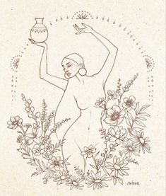 a drawing of a woman holding a vase in her right hand and flowers around her