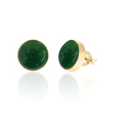 "Large green stud earrings for women feature 10MM round genuine nephrite jade bezel set in polished gold. Simple, classic and elegant 12th Anniversary jewelry gift. STYLE: Pair with matching pendant necklace to complete the look NEW ARRIVAL - FALL WINTER 2022 PRODUCT INFORMATION - Metal: 14K Gold Filled or Sterling Silver - Earring Diameter: 0.45\" or 11MM (Excluding Chain) - Earrings Closure: Friction / Push Backs - GEMSTONE: Green Jade - STONE CUT: Round Cabochon - STONE SIZE: 10MM - NUMBER OF Round Jade Earrings For Anniversary, Green Jade Earrings For May Birthstone, Green Jade Earrings For Healing, Green Jade Earrings With Natural Stones, 12th Anniversary Gifts, Nickel-free Green Jade Earrings, Jade Earrings, Jade Jewelry, Jade Stone