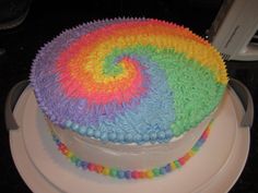 there is a rainbow cake on the plate