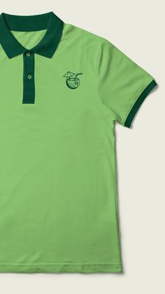 a green polo shirt with a white motorcycle on the front and dark green trim around the collar