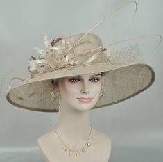 Beige Wide Brim Hats For Evening, Elegant Adjustable Gold Sun Hat, Adjustable Beige Straw Hat For Party, Elegant Beige Sun Hat For Garden Party, Elegant Beige Sun Hat For Church, Elegant Beige Sun Hat With Curved Brim, Beige Flat Brim Boater Hat For Wedding, Elegant Gold Wide Brim Boater Hat, Elegant Beige Brimmed Straw Hat