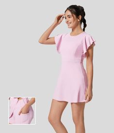 Women’s Ruffle Short Sleeve 2-Piece Side Pocket Flare Mini Yoga Active Dress - Halara Workout Dress, Active Dress, Yoga Dress, Bleach Wash, Ruffle Shorts, Butterfly Sleeves, One Piece Dress, Side Pocket, Round Collar