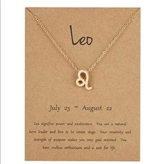 a necklace with the zodiac sign leo on it and an inscription that reads leo july 23 - august 22