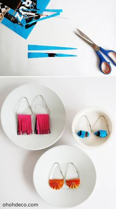 three different pictures of earrings on plates with scissors