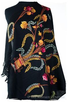 Black Shawls For Dresses — Seasons by The Kashmir Company Tulips Lavender, Sunflowers Roses, Hand Dyed Shawl, Purple Poppy, Paisley Shawl, Birds Embroidery Designs, Black Shawl, Cashmere Pashmina, Green Backdrops