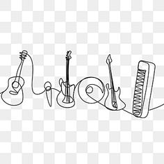 the word love is made up of musical instruments and music notes, with one line drawn in