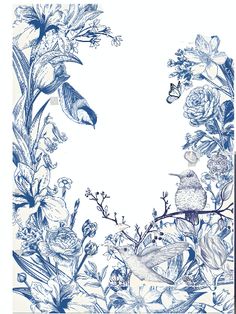 a blue and white floral frame with birds