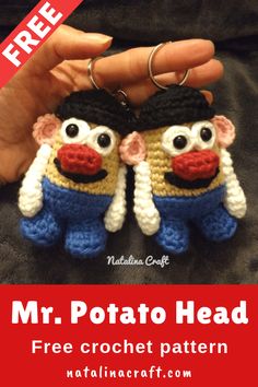 crocheted mr potato head keychain is shown in front of a hand