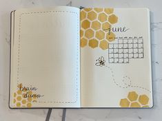 Large blank page with small drawing in corner for a brain storm space, Adjacent page honeycomb drawing with bee flying around template of month of June. Bees Journal Ideas, Bee Journal Ideas, Reading Journal Monthly Spread, Bujo Monthly Spread Ideas, April Monthly Spread, Monthly Spread Bullet Journal