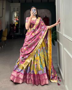 Price : 1099rs #apex__outfit Subtle shades, bold heritage: Kalamkari Dola silk charm 🪸 Lehenga(Stitched) : Lehenga Fabric : Dola Silk Lehenga Work : Kalamkari Print With Zari Weaving Border Waist : SUPPORTED UP TO 42 Lehenga Stitching : Stitch With Canvas Lehenga Closer : Drawstring With Zip Length : 41 Flair : 3.80 Meter Inner : Micro Cotton Blouse(Unstitched) : Blouse fabric : Dola Silk Blouse Work : Printed With Zari Weaving Border Blouse Length : 0.90 Meter Dupatta : Dupatta Fabri... Garba Dance, Sari Lehenga, Red Lehenga Choli, Stitched Lehenga, Blue Lehenga, Readymade Saree, Red Lehenga