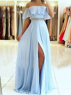 A-Line/Princess Sleeveless Off-the-Shoulder Floor-Length Beading Chiffon Dresses Sky Blue Prom Dress, Dress School, Off Shoulder Evening Dress, Cheap Prom Dresses Long, Winter Formal Dresses, Blue Evening Dresses, Chiffon Evening Dresses, School Dance, Cute Prom Dresses