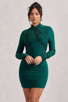 Green Jersey, Cross Neck, Black Tie Gala, Eve Dresses, Mini Dress Fashion, Black Velvet Dress, Bottle Green, Invisible Zip, Long Sleeve Bodycon